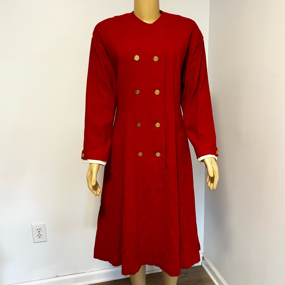 Albert Nipon Vintage Red 100% Wool Double Breasted Gold Button Coat Dress Sz 12